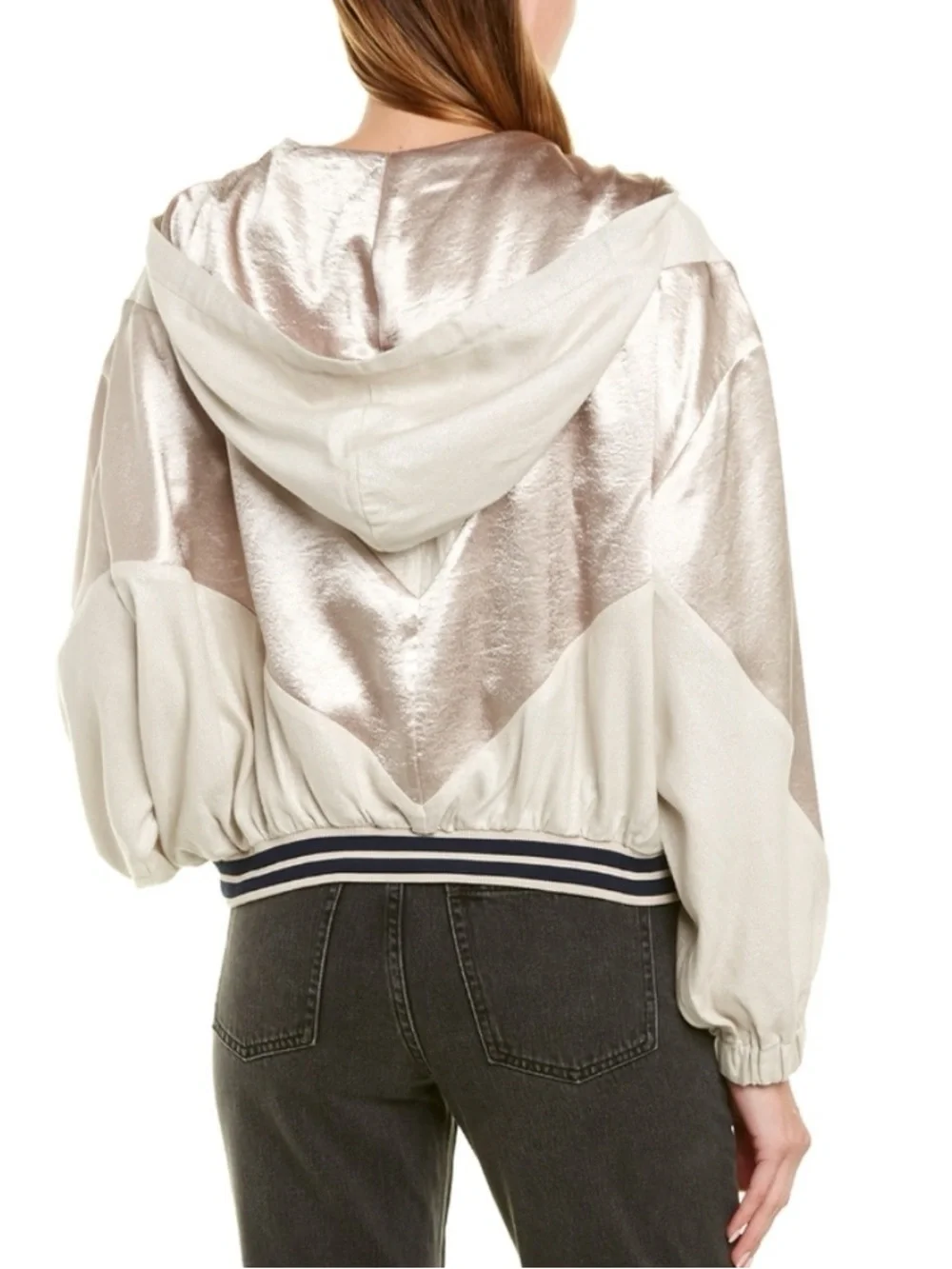 Free People Shimmer Panel Half-Zip Hooded Pullover in Champagne and Cream